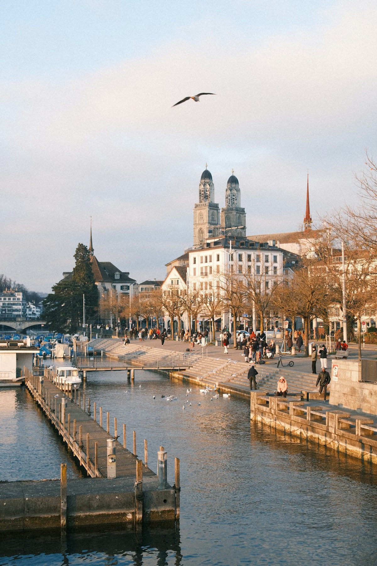 The Limmat river promenade and Grossmünster towers in Zurich on a soft winter afternoon