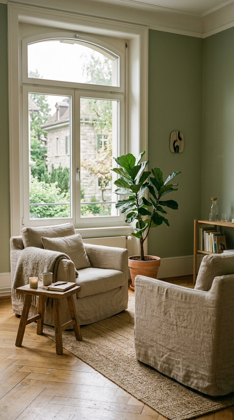 A calm therapy room with two linen armchairs bathed in soft daylight