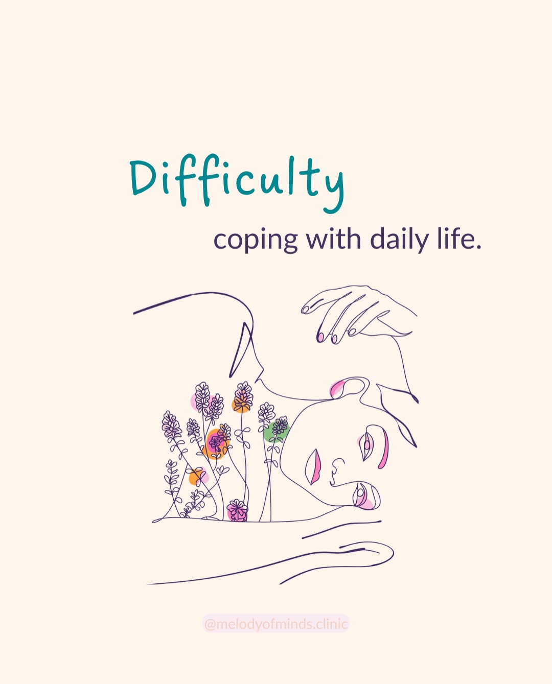 Difficulty coping with daily life — line art of a resting woman among wildflowers
